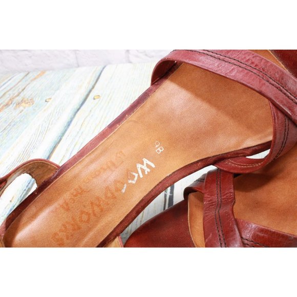 Wood Worx Red Leather Ankle Strap Wooden Heels Pump Sandals Size 9 M - Picture 8 of 10